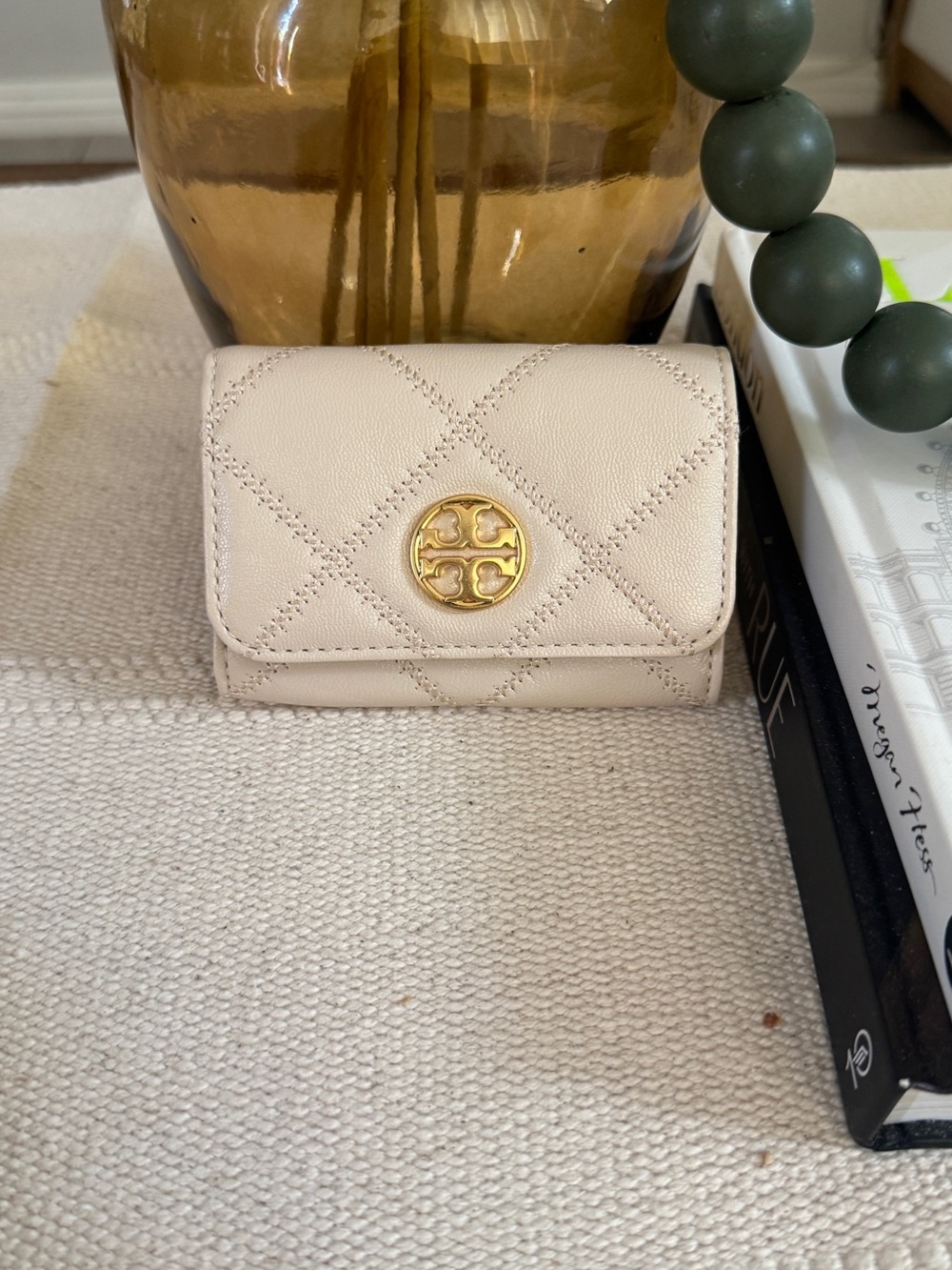 Tory Burch Quilted Leather Card Case - Cream with Gold Logo